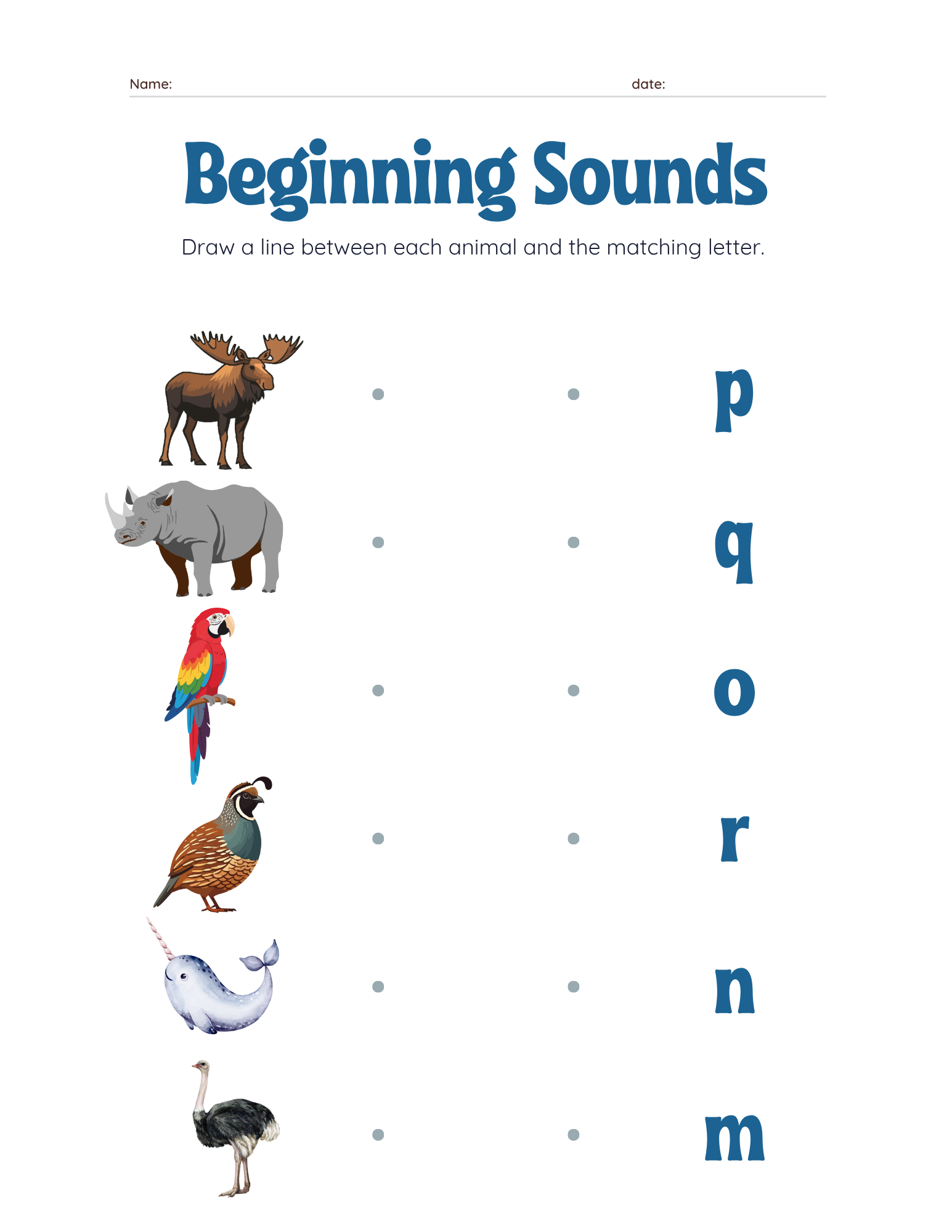 Match the Letter to Beginning Sound of Animal M-R
