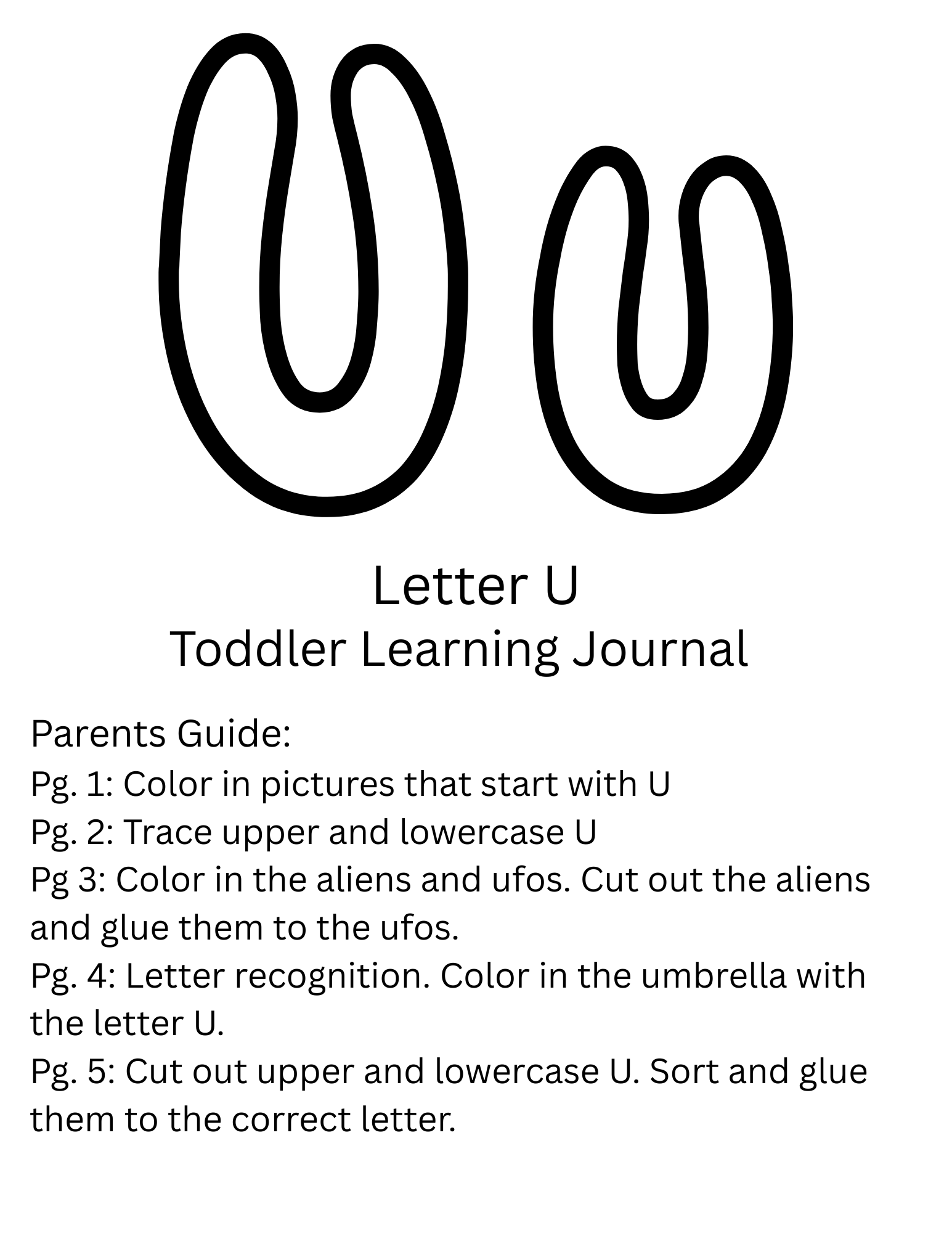 Toddler Journal: Letter U Worksheets